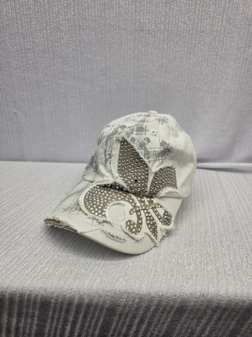 Leader Baseball Cap Distressed Crystal Studded Fleur De Lis Graphic Women’s